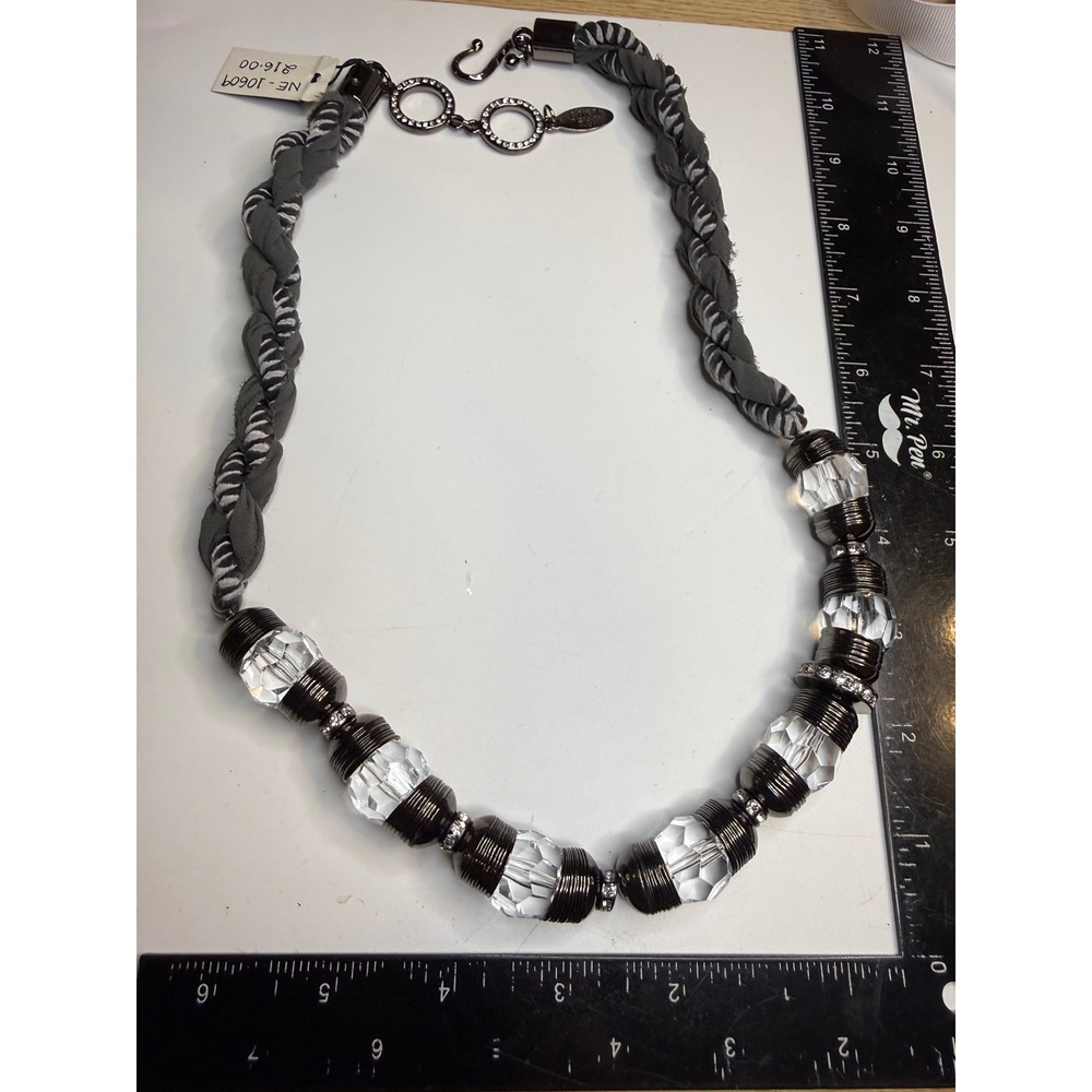 Cara NY Statement Necklace Grey Braided Fabric Gunmetal Rhinestone Clear Beads